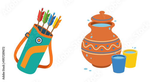 Colorful illustration of arrows in a quiver with native pottery