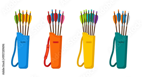 Colorful archery arrows grouped in four different quiver pouches