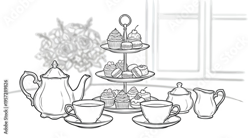 Elegant line art of an afternoon tea service tiered stand with pastries, teapot, and teacups for a refined gathering