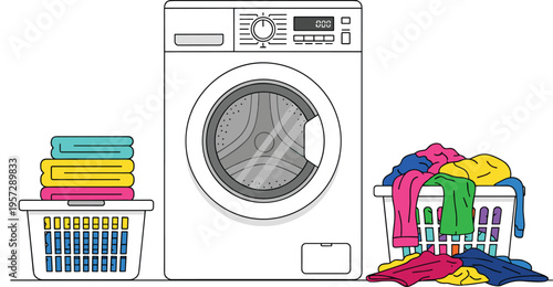 Front loading washing machine with laundry baskets full of colorful clothes household laundry day cleaning concept vector illustration