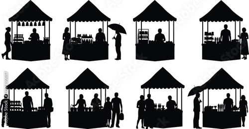 Street market stall silhouettes collection, vendor kiosks with customers and products, outdoor marketplace shop vector icons, retail booth black silhouettes