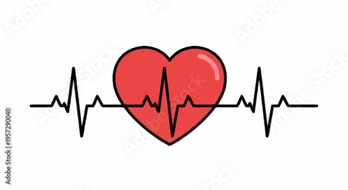Vibrant Red Heart with Electrocardiogram Line Illustrating a Steady Heartbeat, Health Monitoring, and Vital Life Signs in a Clean Graphic Design