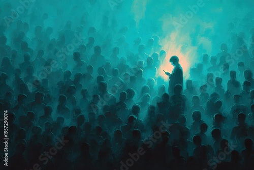 Solitary person illuminated by phone light amidst a shadowy crowd in a surreal blue atmosphere