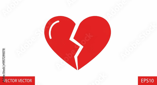 Illustration of a broken red heart symbolizing heartbreak, sadness, and emotional pain, with a clean white background