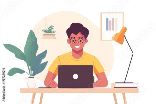 An enthusiastic young man with glasses sits at his neatly organized desk, cheerfully working on a laptop, surrounded by plants and office accessories.