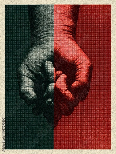 Split image of a clenched fist, half dark gray, half bright red, symbolizing contrast hand