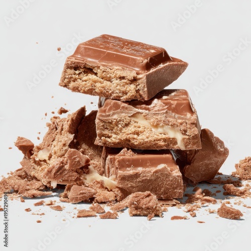 Stacked broken pieces of chocolate bar with creamy filling and crumbs on white background candy
