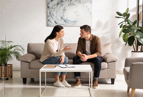 Young adult couple talking seriously on sofa in bright living room, relationship communication and conflict resolution at home with notes on coffee table