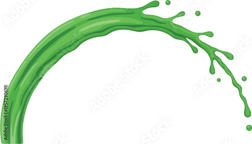 Vibrant green liquid splash arc vector illustration with drops for fresh drink and healthy concepts