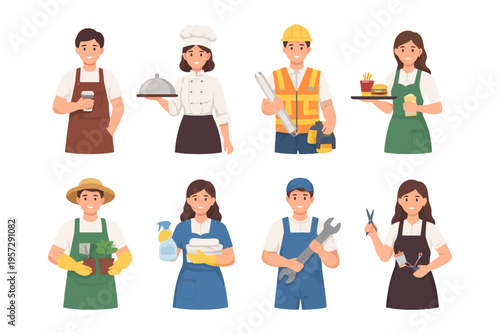 Diverse professions: young caucasian and hispanic adults in various occupations.