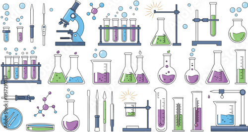 Chemistry laboratory equipment set with microscope test tubes flasks pipettes and scientific tools education experiment vector illustration collection