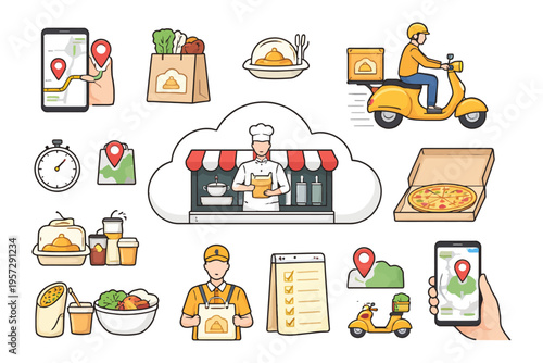 Food delivery concept with various icons and courier illustration.