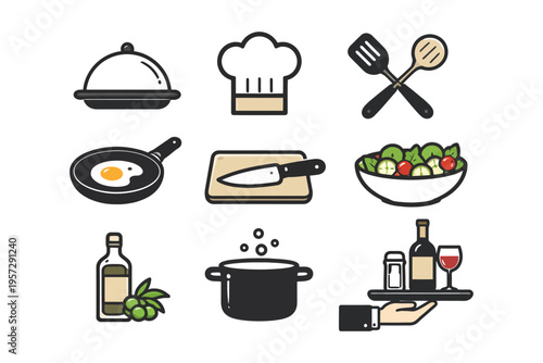Icons of cooking essentials: chef hat, utensils, pan, knife, salad bowl, bottle, pot, tray.