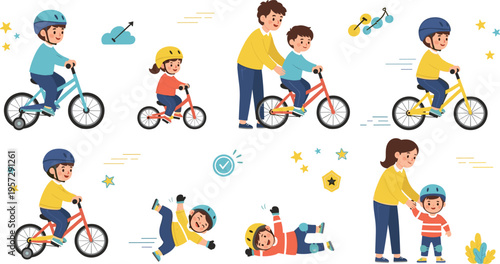 Child learning to ride bicycle with parent support safety helmet training steps and progression kids cycling vector illustration set