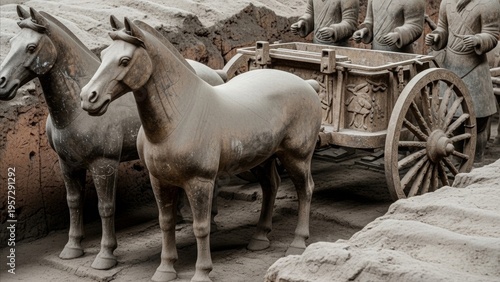 Archaeology - Ancient Chinese Terracotta Army Horse Statues with Chariot and Warrior Figures in Excavation Pit