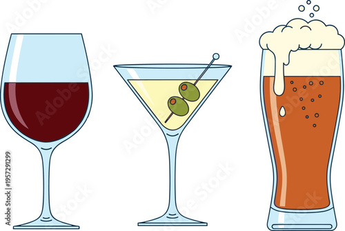 Alcoholic beverage set featuring red wine glass, martini cocktail with olives, and frothy beer pint isolated on light background