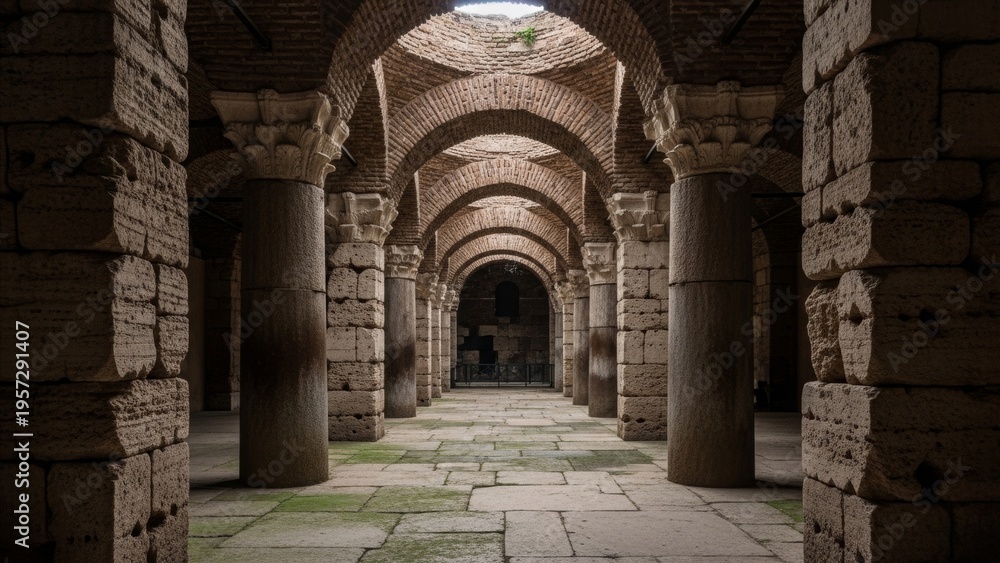 Obraz premium Architecture - Ancient Roman Brick Arched Corridor with Stone Columns and Vaulted Ceiling Interior