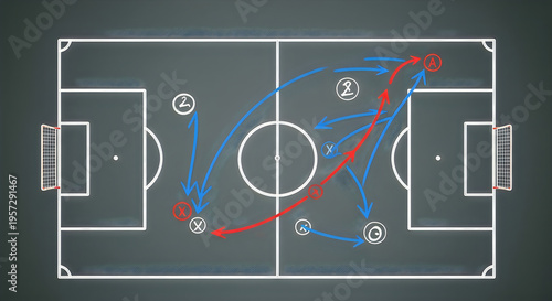 A chalkboard illustration depicts a soccer field with drawn player movements and strategy notations high-quality