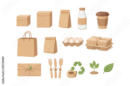 Eco-friendly packaging collection: bags, containers, and utensils.