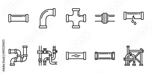 Collection of stylized line art icons depicting various plumbing pipe fittings, including elbows, tees, joints, and a leaky pipe.