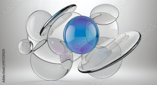 An abstract composition of translucent spheres and bubbles displaying reflections and a vibrant blue orb