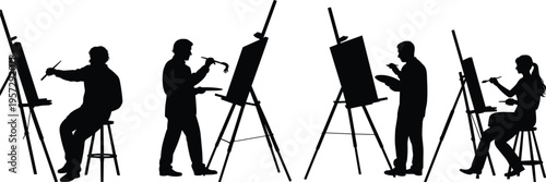 Artist painting silhouette set, men and woman with easel and canvas, creative studio activity isolated black flat vector illustration