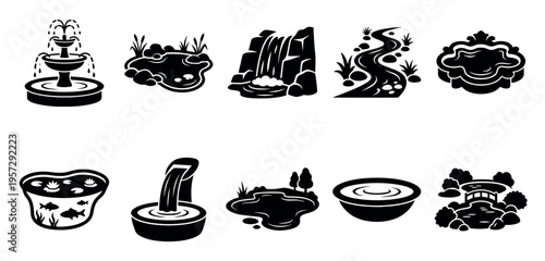 A collection of black and white icons representing various water features found in gardens and landscapes, including fountains, ponds, waterfalls, streams, and a Japanese garden.