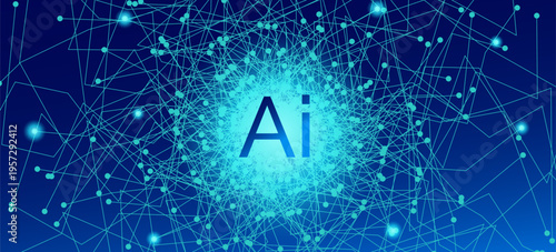 Artificial intelligence concept with glowing AI text in the center of neural network connections, abstract digital technology vector background