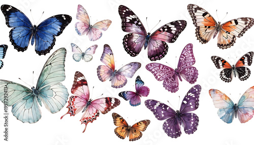 A collection of colorful butterflies featuring diverse patterns and delicate watercolor textures