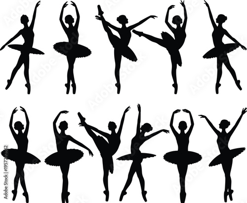 Ballerina silhouette set, graceful ballet dancer tutu poses collection isolated on white background, classical performance flat vector illustration