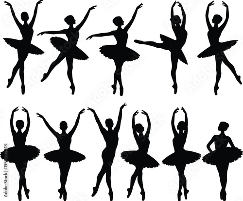 Ballet dancer silhouette collection, graceful ballerina tutu poses set isolated on white background, classical dance flat vector illustration