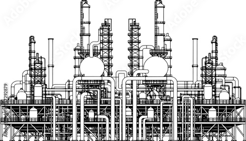 Petrochemical Plant Industrial Complex, Line Art Sketch, Vector Illustration