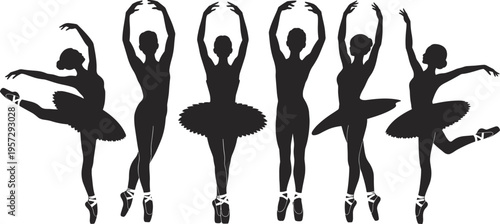 Ballet dancer silhouettes in elegant classical poses wearing tutu and pointe shoes performing on stage, flat vector illustration
