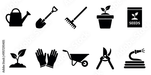 A collection of black silhouette icons representing various gardening tools and elements, suitable for illustrating horticultural activities and concepts.