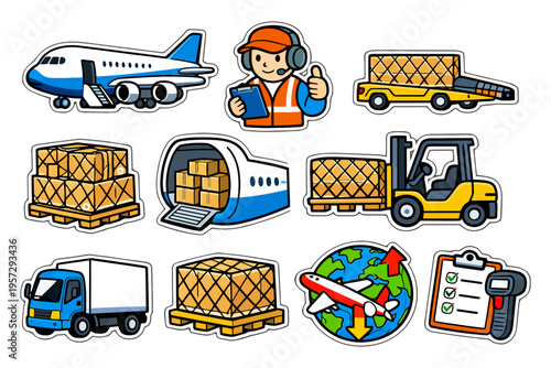 Logistics and transportation icons with cargo, airplane, and delivery elements.
