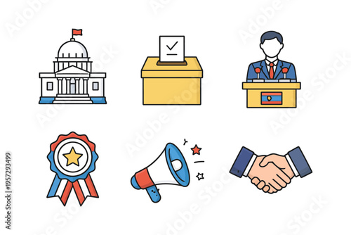 Political icons set featuring government building, ballot box, speaker, award, megaphone, handshake.