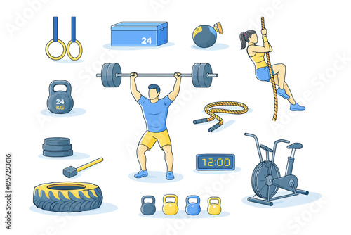 Crossfit workout elements: diverse equipment and training techniques illustrated.