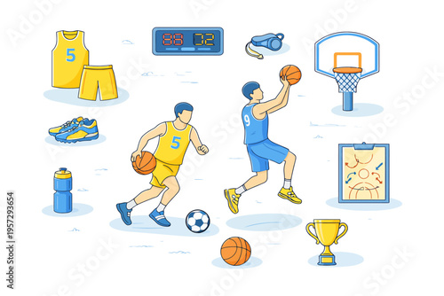 Basketball scene with male players and sports gear.