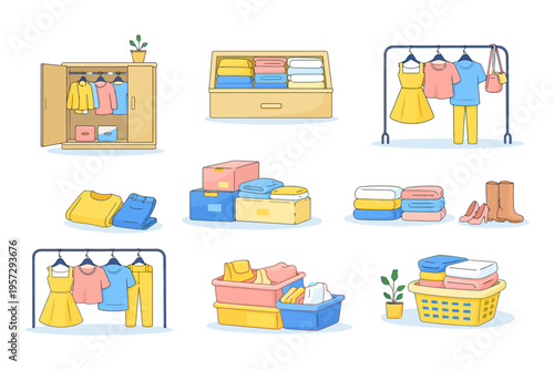 Organized wardrobe and storage solutions with clothes and accessories.