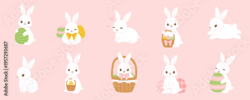 Cute easter bunnies in different poses. Adorable easter rabbits collection. Easter bunnies bundle.