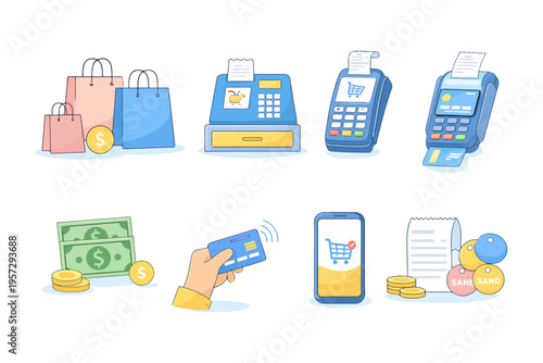 Retail payment methods including cash, credit card, mobile transactions, and shopping bags.