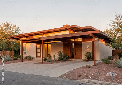 Mid-Century Modern House Exterior Golden Hour Low Pitched Roof Clerestory Windows Butterfly Roof Carport Desert
