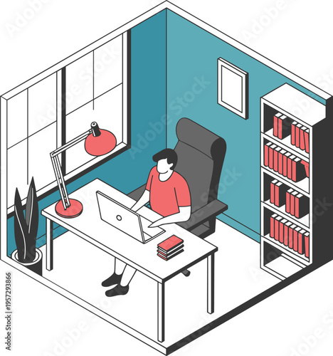 isometric home office workspace illustration, man working on laptop at desk, modern remote work setup interior design concept