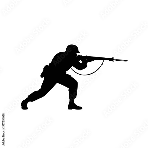 Silhouette of a Soldier Aiming Rifle on White Background.