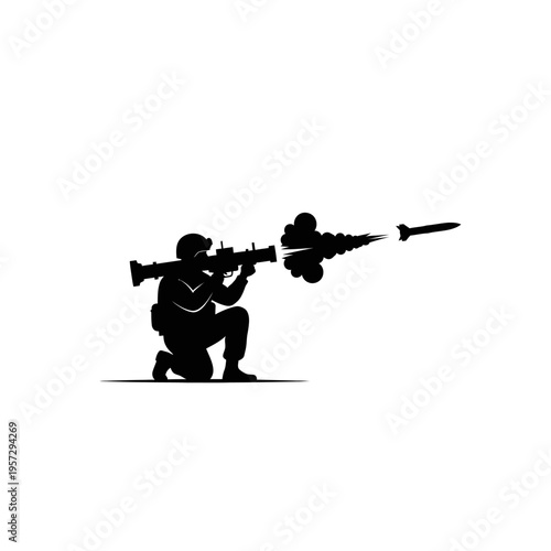 Silhouette of a Soldier Firing a Rocket Launcher in Combat.