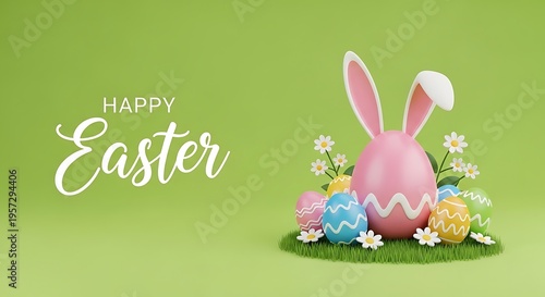 A festive 3d composition featuring colorful easter eggs and bunny ears on a soft green background