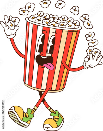 Groovy hippie popcorn bucket movie or cinema entertainment funky character. Cartoon retro movie fast food pop corn box. Vector cheerful y2k personage juggling with fluffy kernels with playful smile