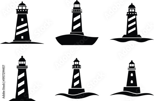Black lighthouse silhouette vector icon set navigation marine symbols