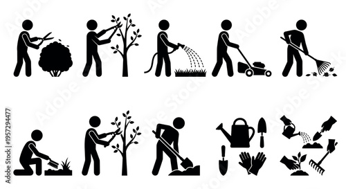 This set of black and white stick figure icons illustrates various gardening tasks such as pruning, watering, mowing, raking, planting, and digging.