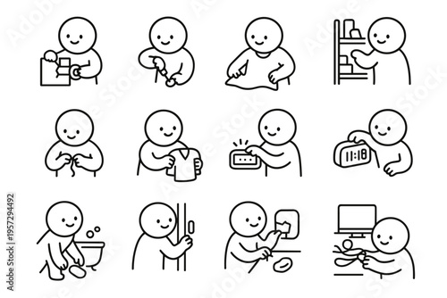 Clever Fix Celebration. Cute characters celebrating clever fixes. Line outline icon set of cute characters